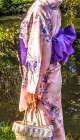 Colorful Japanese kimono with purple obi, Kiyomizu Buddhist Temple, Kyoto, Japan. Art Print